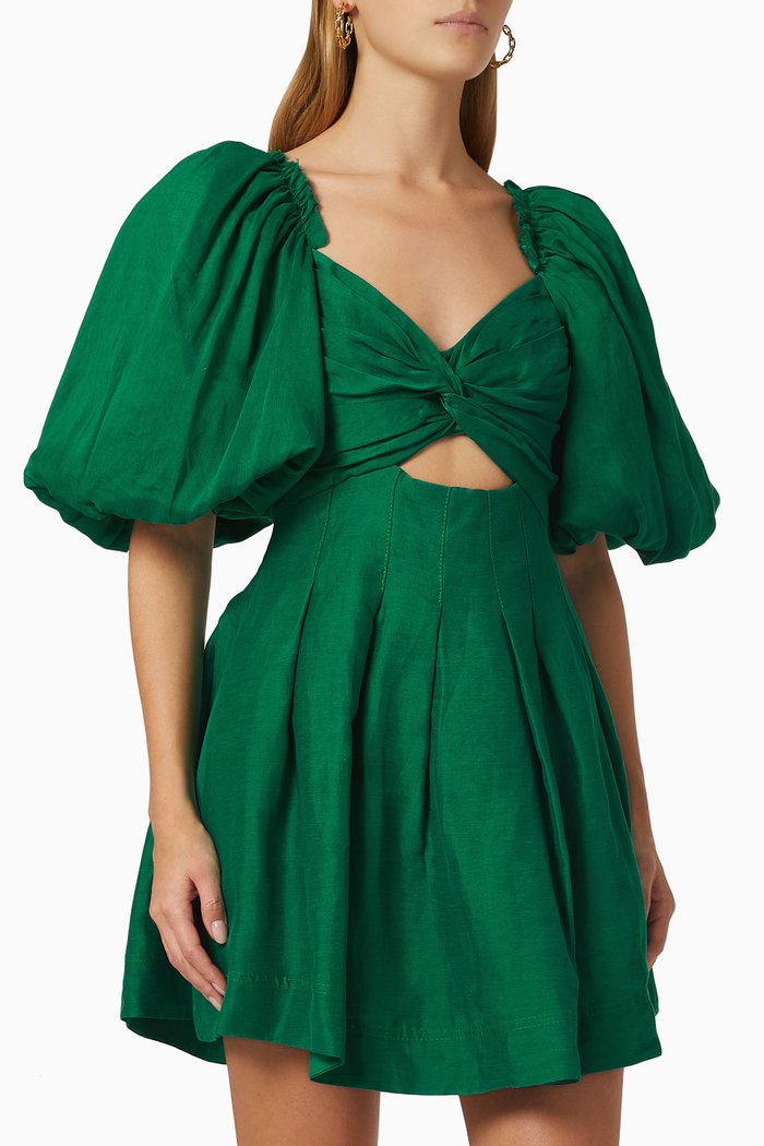 

Dusk Knot Puff Sleeve Mini Dress in Linen, Green