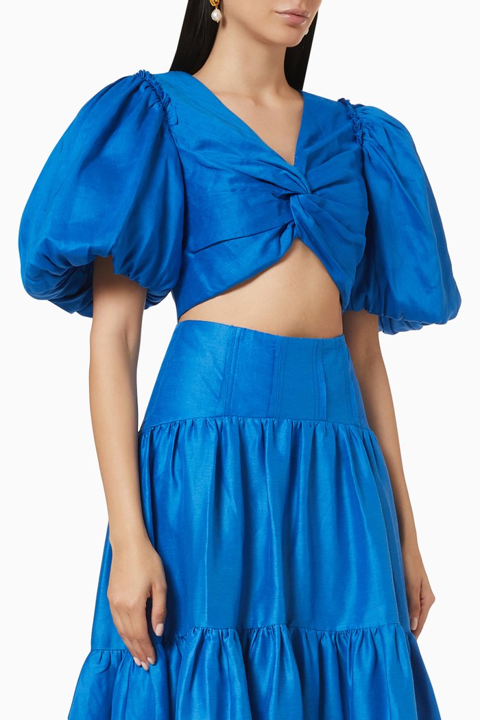 

Reverb Puff Sleeve Cropped Top in Linen, Blue