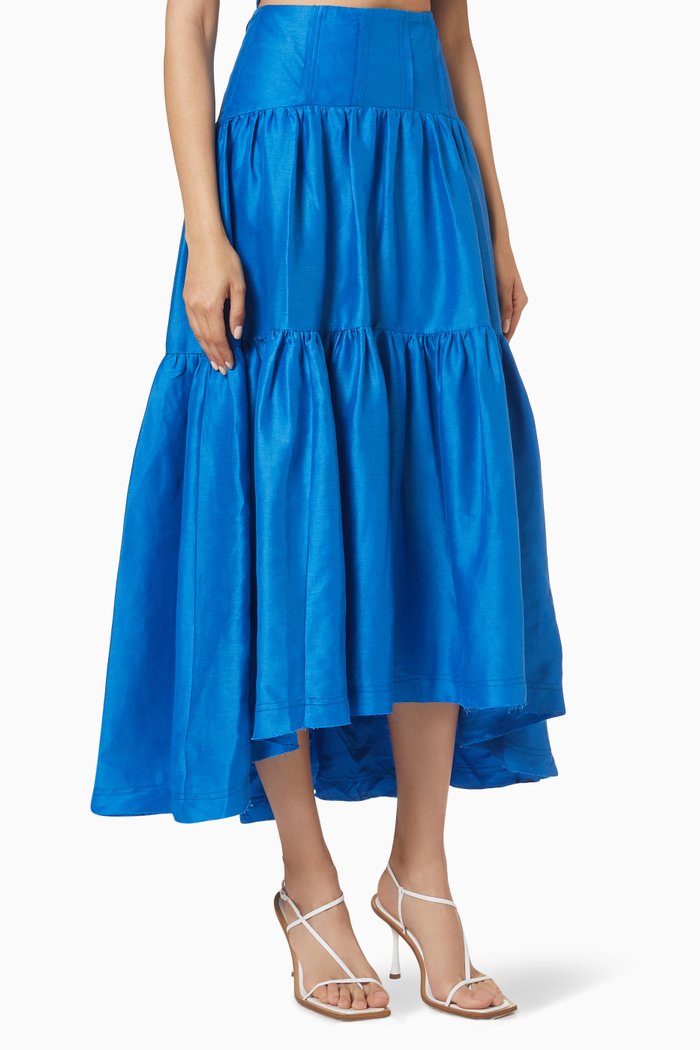 Reverb Gathered Midi Skirt in Linen, Blue