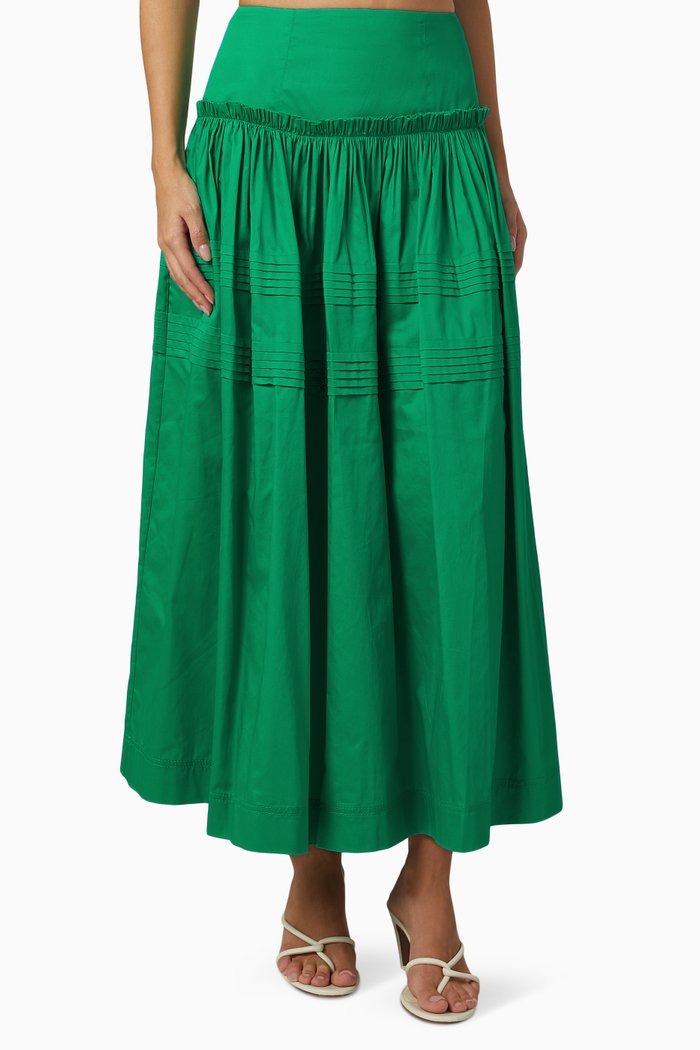 

Poised Pleated High-waist Midi Skirt in Cotton, Green