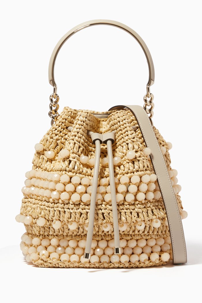 

Bon Bon Bucket Bag in Beaded Raffia & Calfskin Leather, Brown