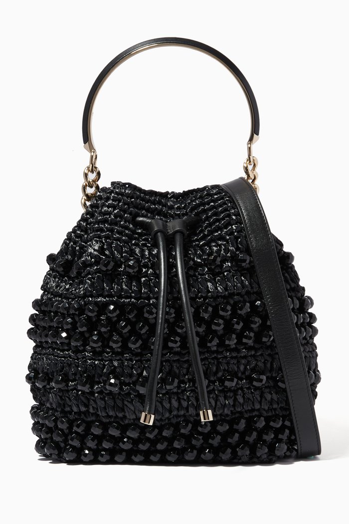 

Bon Bon Bucket Bag in Beaded Raffia & Calfskin Leather, Black