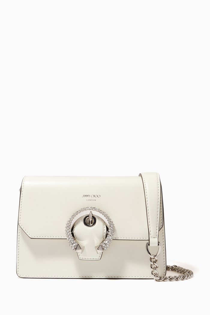 Madeline Crystal-buckled Crossbody Bag in Leather, White