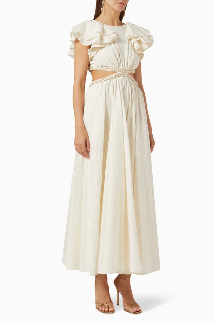 

Anneke Cut Out Ruffle Midi Dress in Cotton Voile, White
