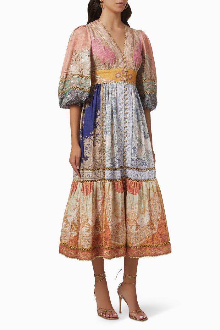 Anneke Lantern Midi Dress in Linen, Multicolour