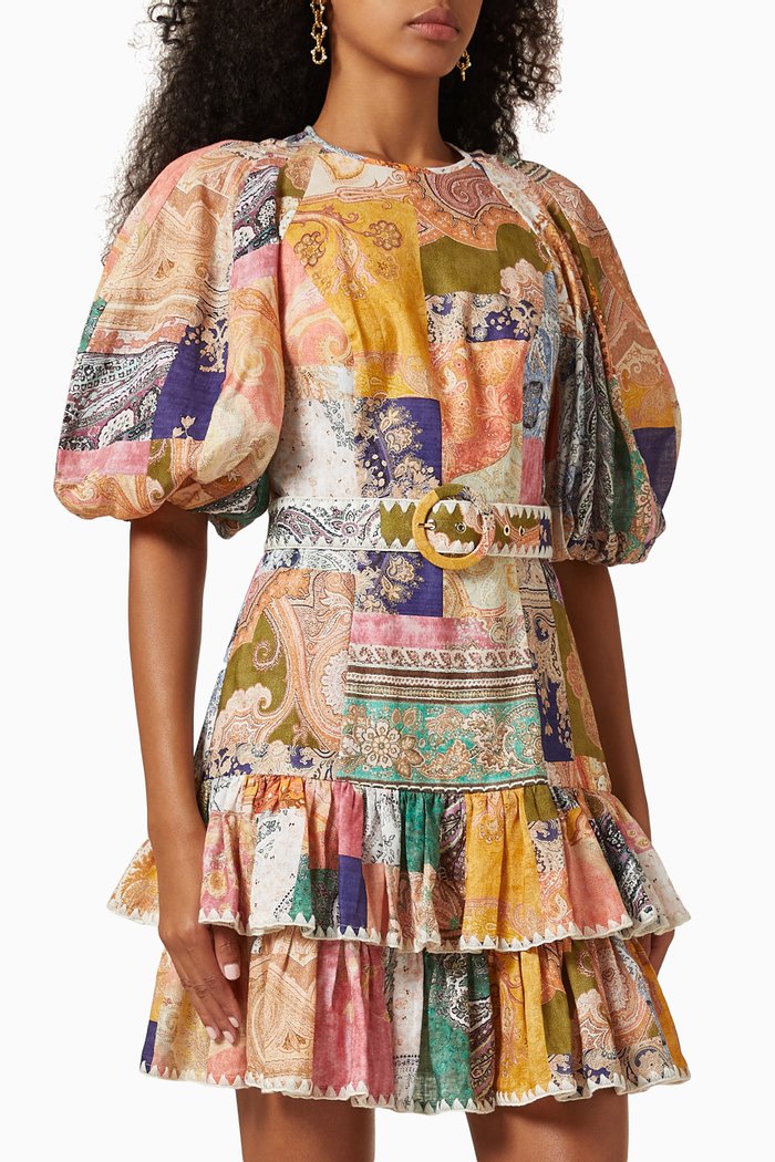 

Anneke Ruffle Hem Mini Dress in Linen, Multicolour