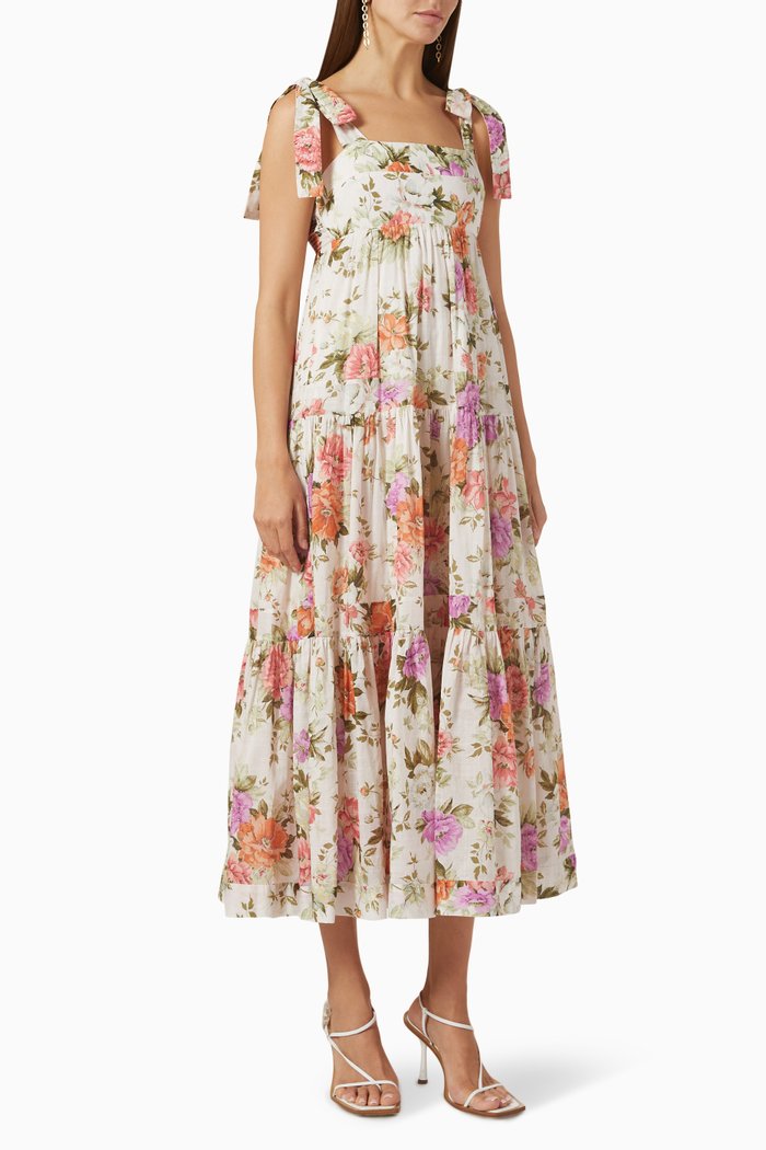 

Tie Shoulder Floral Midi Dress in Cotton, Multicolour