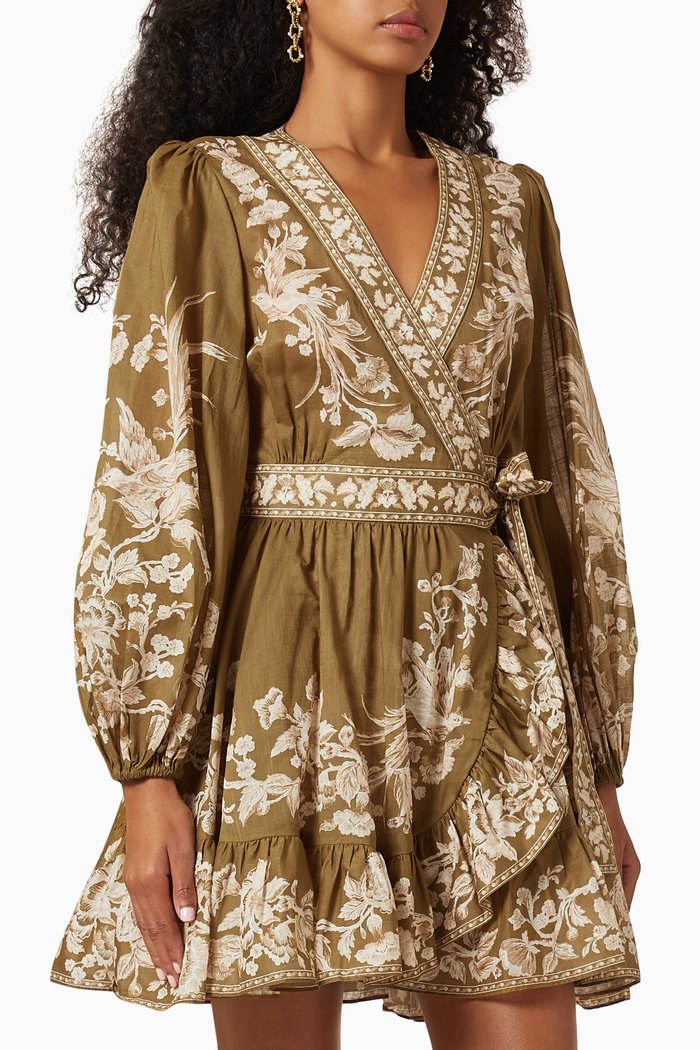 

Anneke Printed Wrap Mini Dress in Cotton, Green