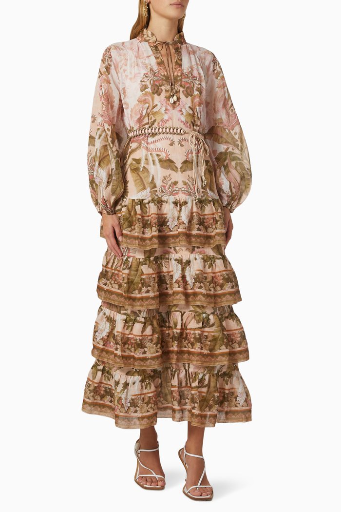 

Lyre Tiered Billow Midi in Ramie, Multicolour