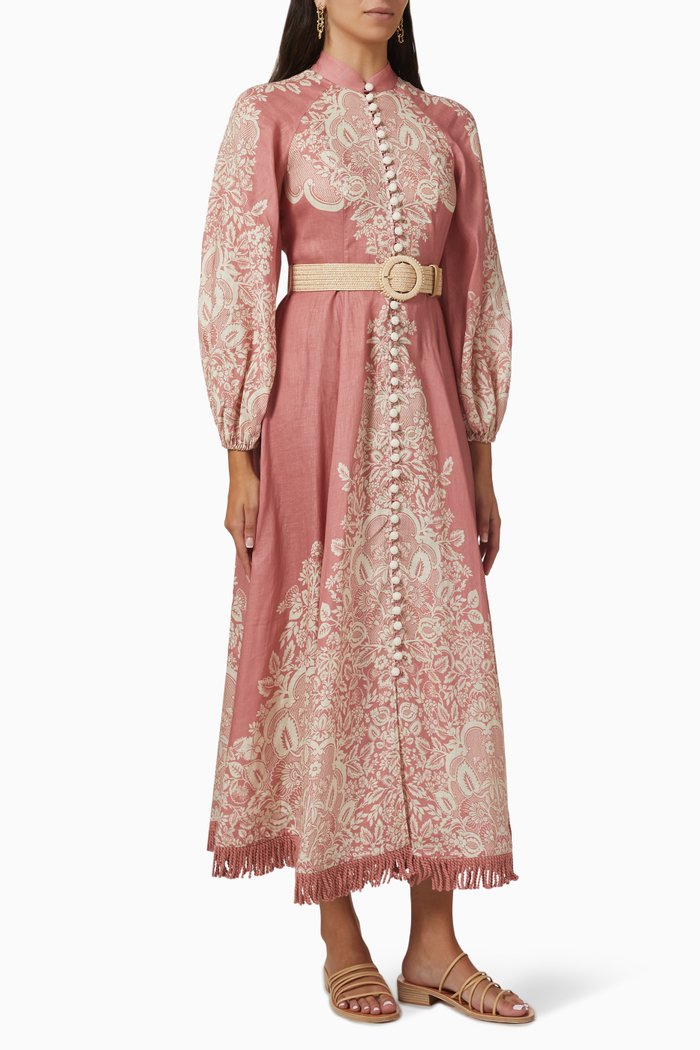 

Pattie Fringed Midi Dress in Linen, Pink