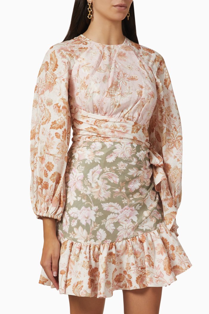 

Lyre Wrap Billow Mini Dress in Linen, Multicolour