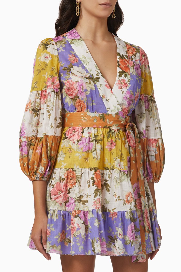 Pattie Wrap Mini Dress in Cotton, Multicolour