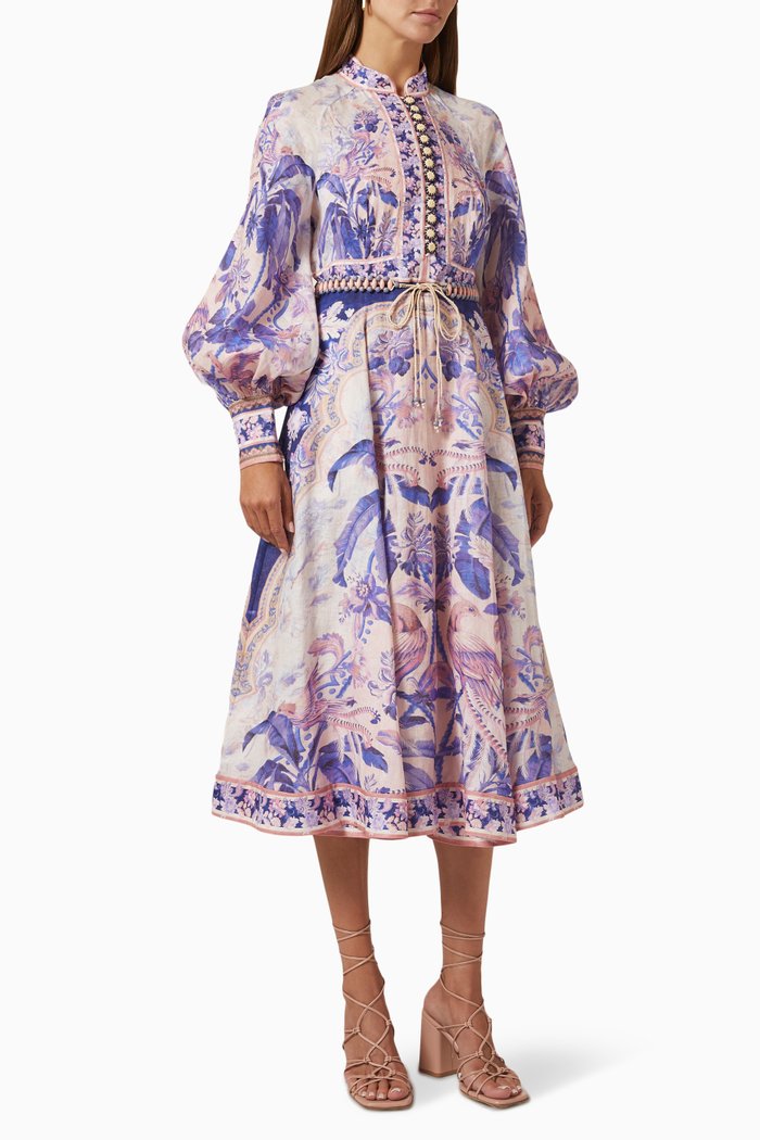 

Lyre Billow Sleeve Midi Dress in Linen, Purple