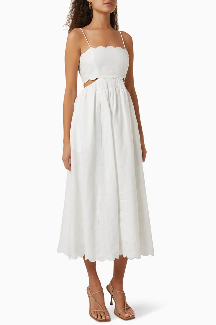 Jude Scallop Midi Dress in Linen, Neutral