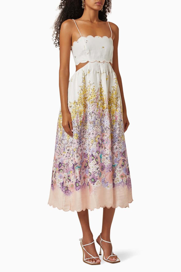 

Jude Scallop Midi Dress in Linen, Multicolour