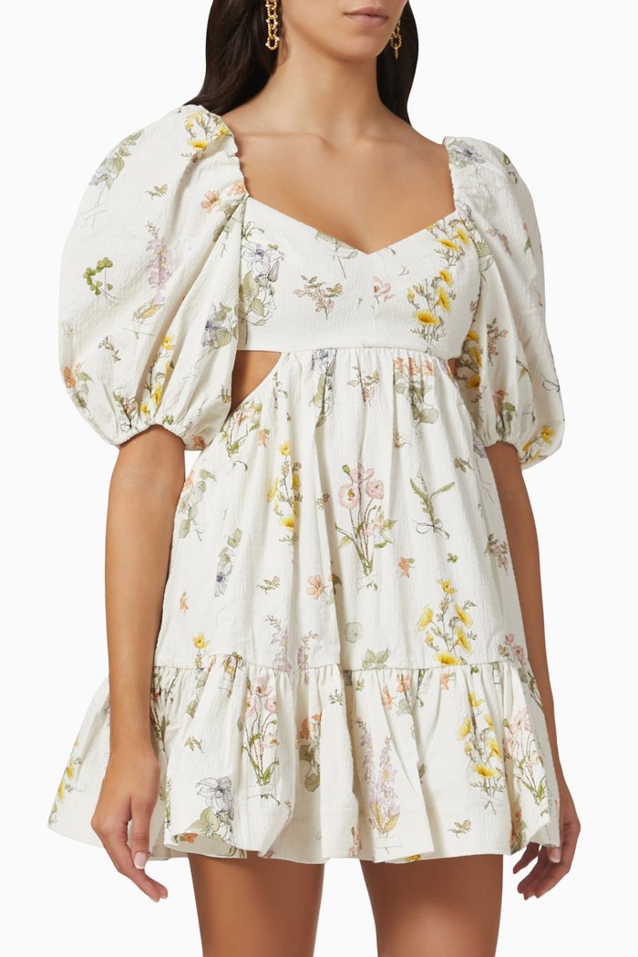 

Jeannie Puff Sleeve Mini Dress in Cotton, White