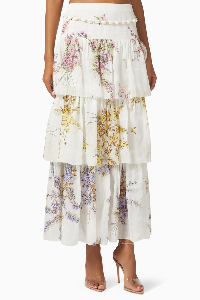 

Jude Tiered Midi Skirt in Ramie, Multicolour