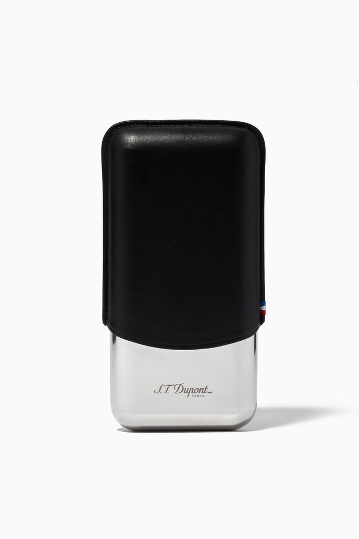 Triple Cigar Case in Leather & Stainless Steel, Black