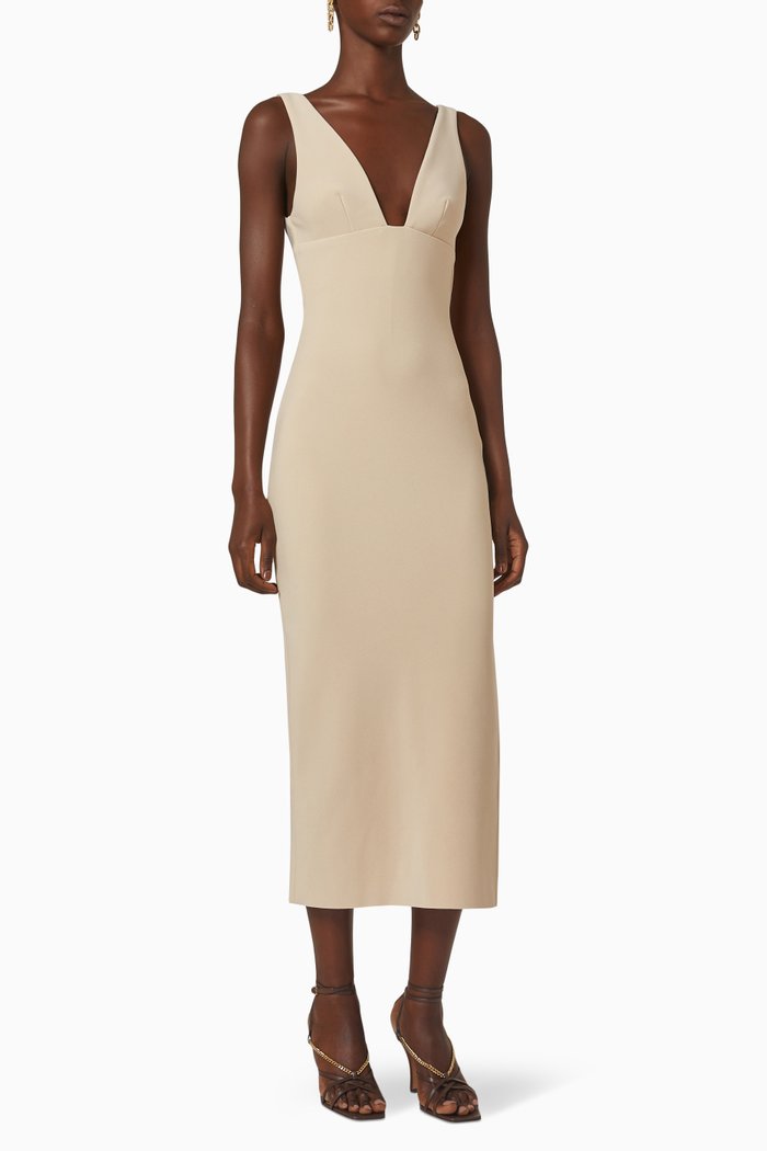 Iris Midi Dress in Bonded Crepe, Neutral