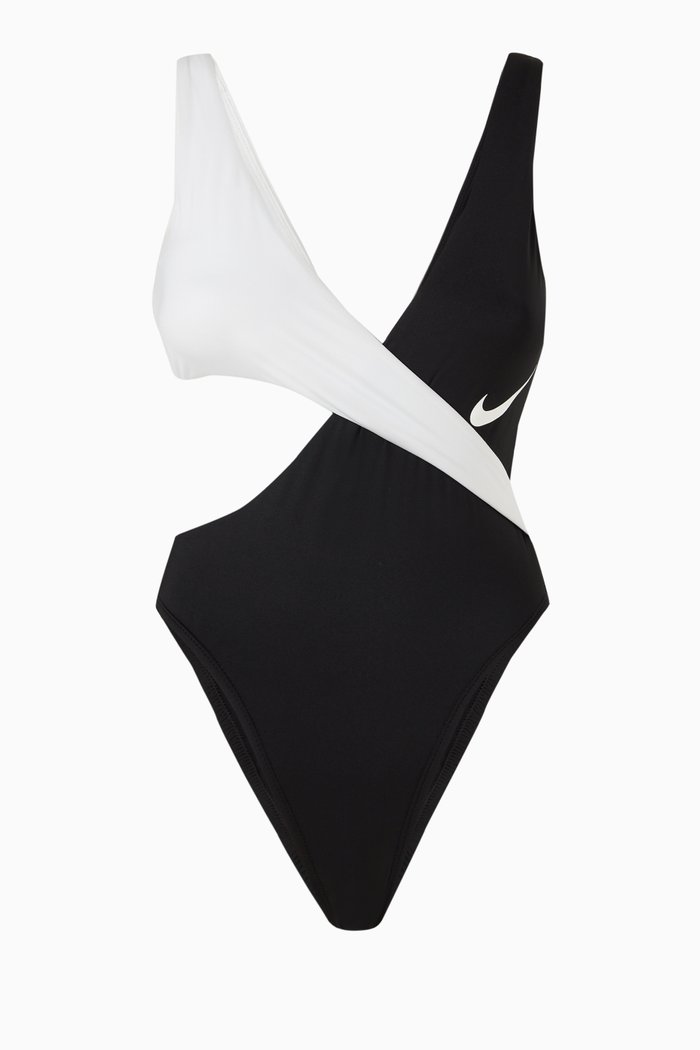 

Color-block Crossover One Piece Swimsuit in Stretch Nylon, Black