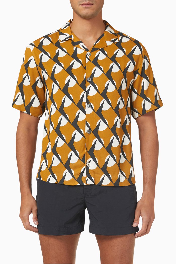 Valbonne Icarus-print Cuban Shirt in Viscose, Yellow
