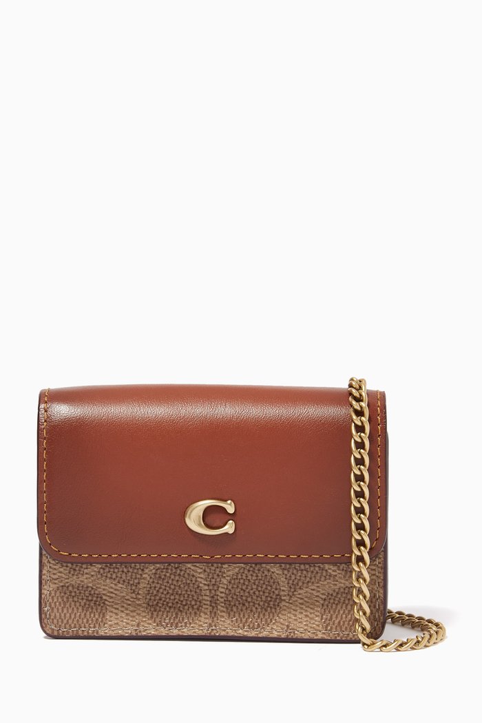 

Half Flap Card Case in Colour-block Signature Canvas & Leather, Neutral