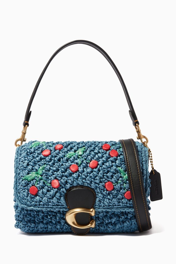 

Tabby Cherry Shoulder Bag in Straw & Smooth Leather, Blue