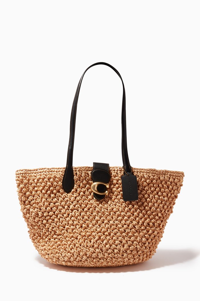 

Woven Large Tote Bag in Straw & Leather, Neutral