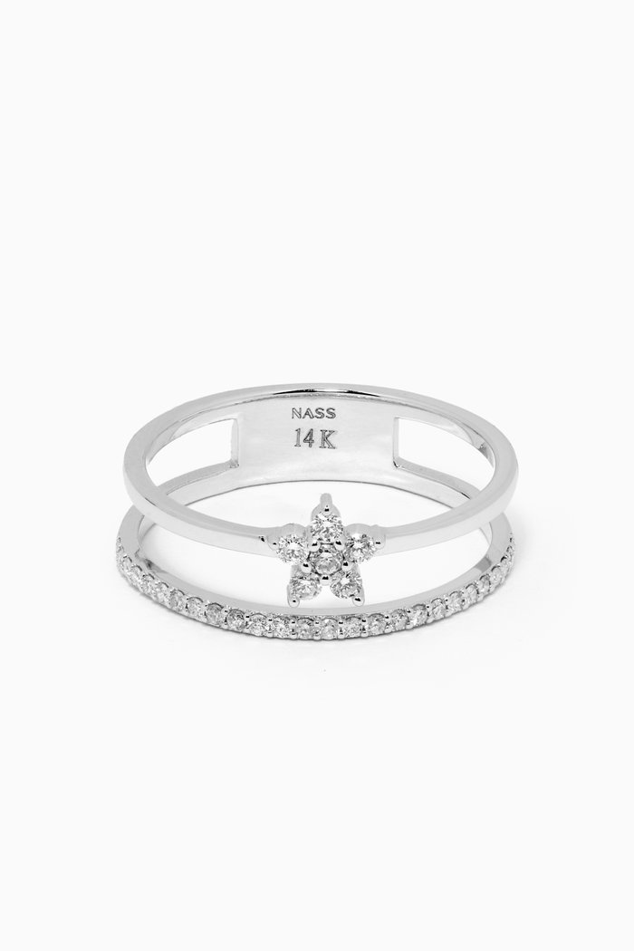 Double Band Flower Diamond Ring in 14kt White Gold, Silver