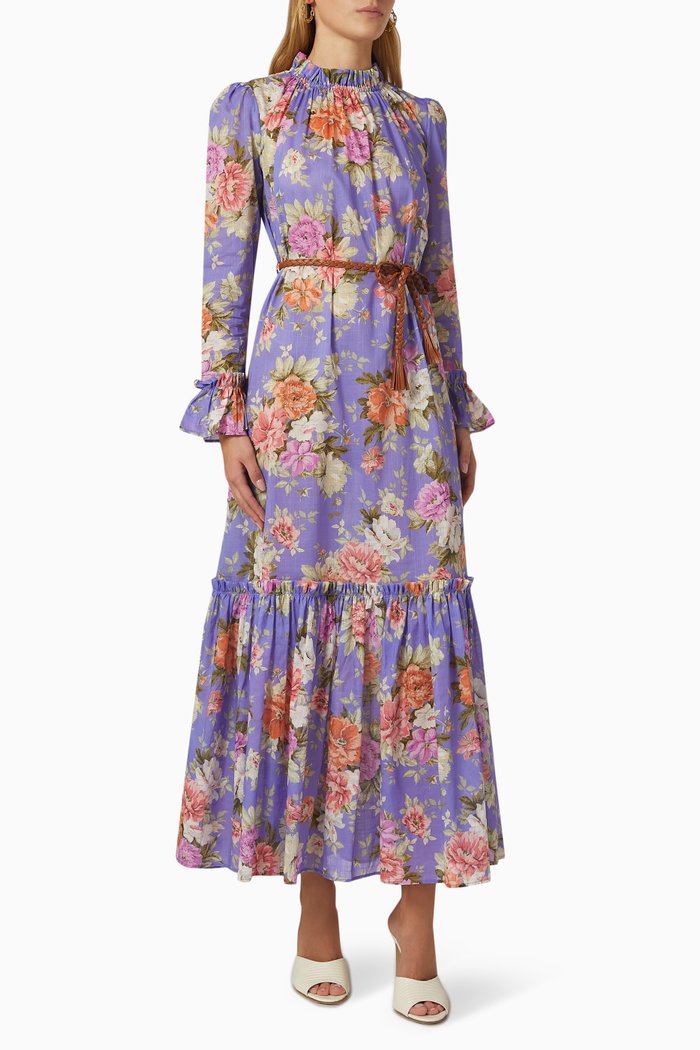 

Pattie Frill Midi Dress in Cotton, Purple
