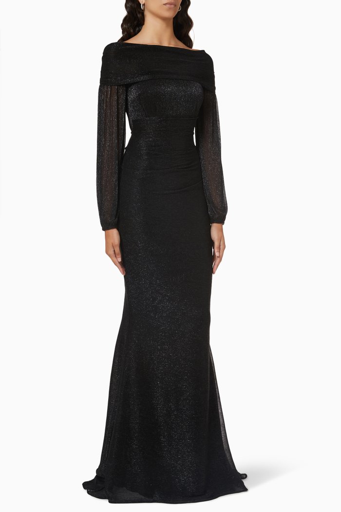 

Long Sleeve Gown in Metallic Voile, Black