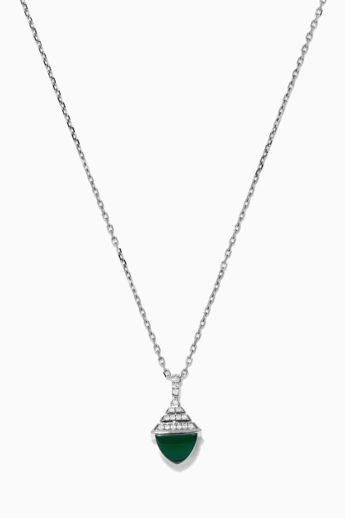 

Cleo Mini Rev Green Agate & Diamond Necklace in 18kt White Gold, Silver