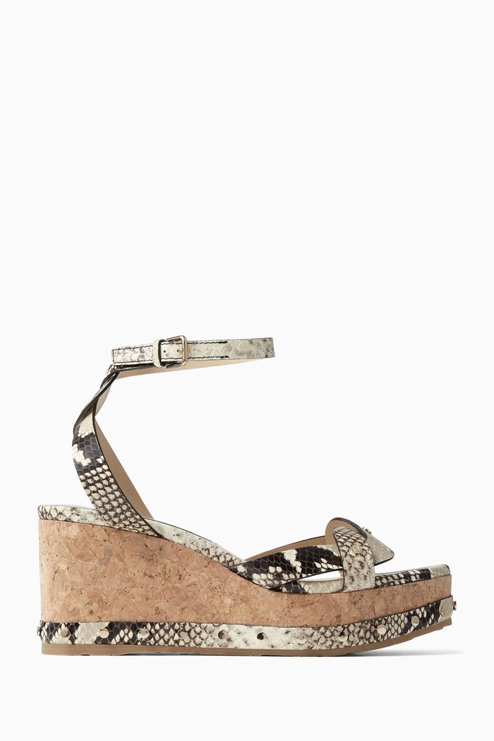

Drya 70 Wedge Sandals in Snake Printed Leather, Silver