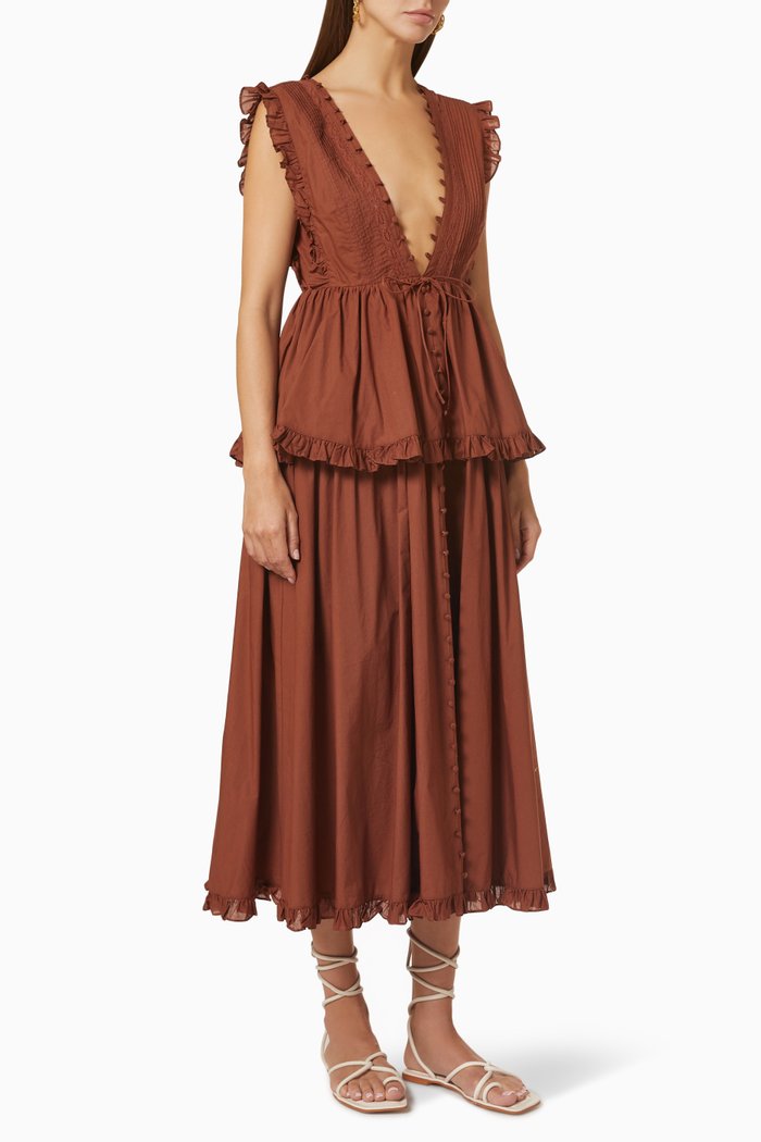 

Layla Peplum Midi Dress in Organic Cotton, Brown