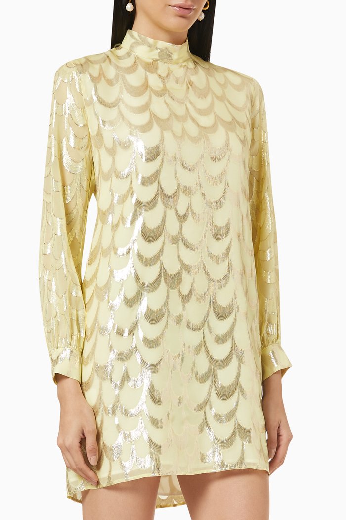 

Michelle Feather Dress in Metallic Silk, Yellow
