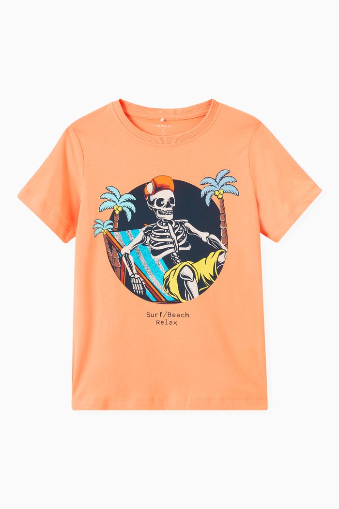 Skeleton Surfer T-shirt in Cotton, Orange