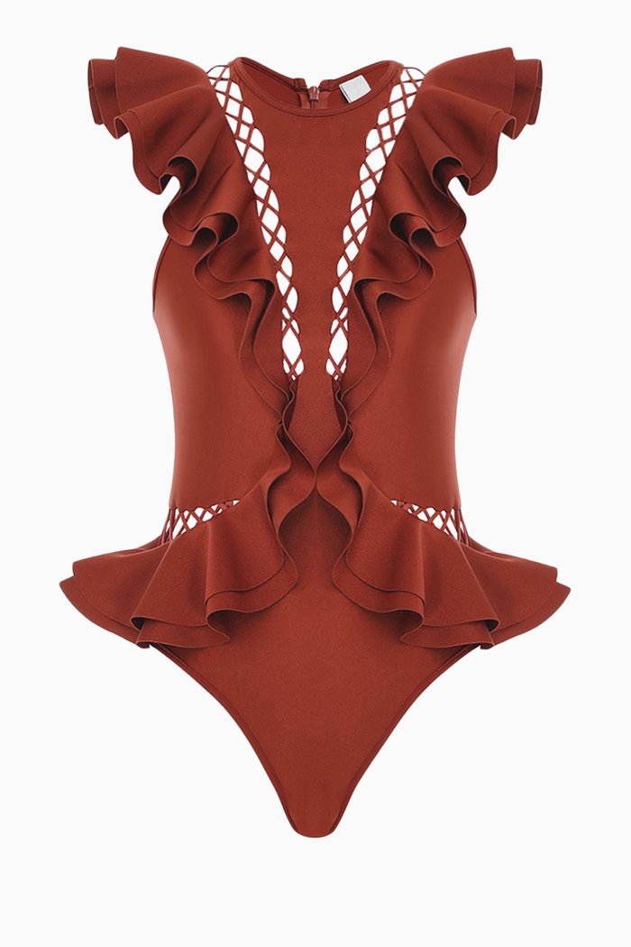 

Pattie Lace-up Frill Swimsuit in Italian Lycra®, Brown