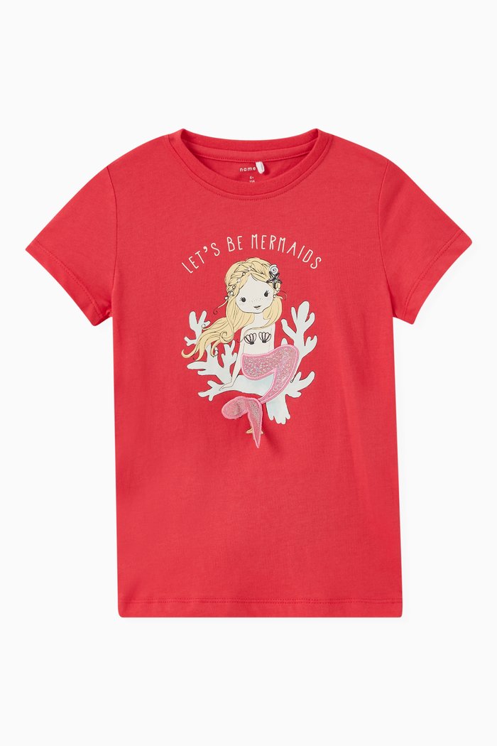 Glitter Mermaid Print T-shirt in Cotton Jersey, Pink