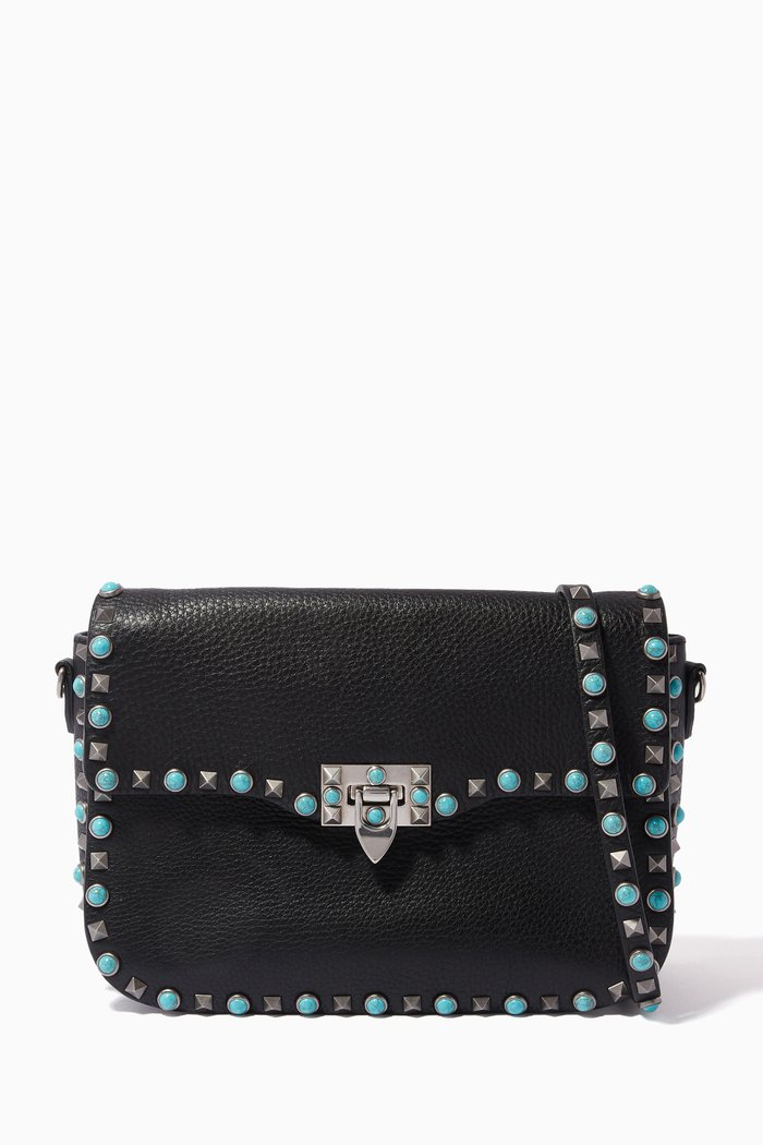 

Guitar Rolling Rockstud Shoulder Bag in Leather, Black