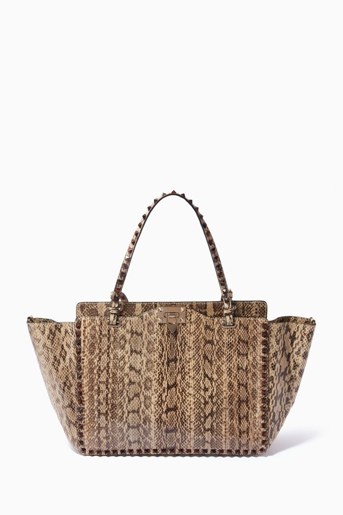 Rockstud Tote Bag in Snakeskin Leather, Neutral