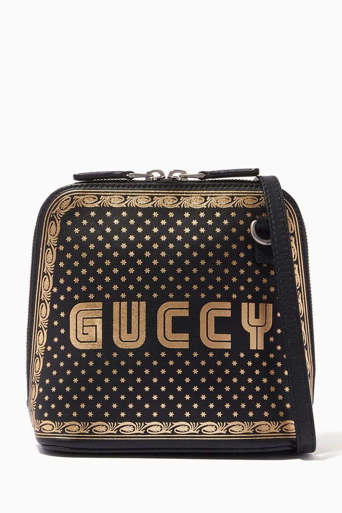 

Guccy Logo Moon & Stars Crossbody Bag in Leather, Black
