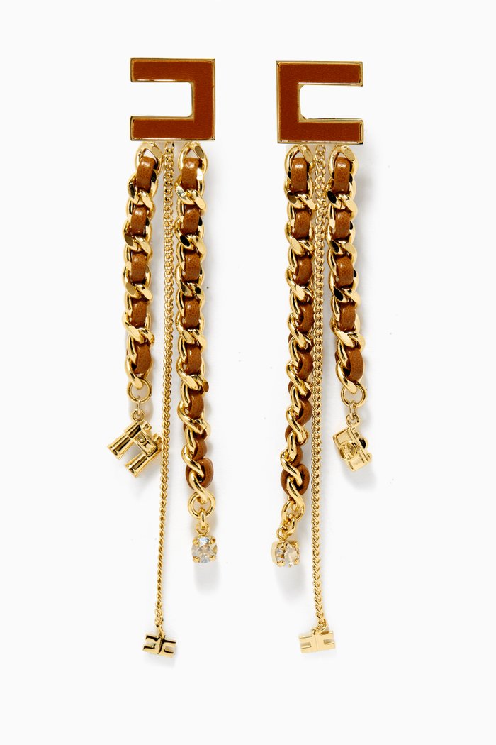 

EF Logo Earrings in Chain & Leather, Gold