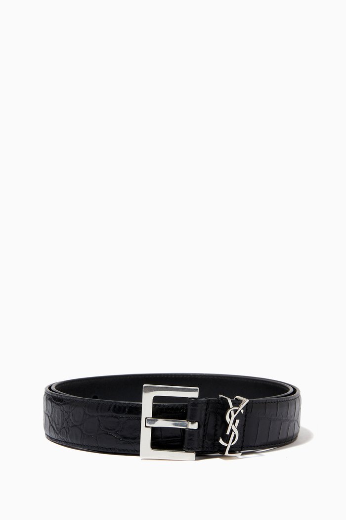

Monogram Belt with Square Buckle in Crocodile-embossed Leather, Black