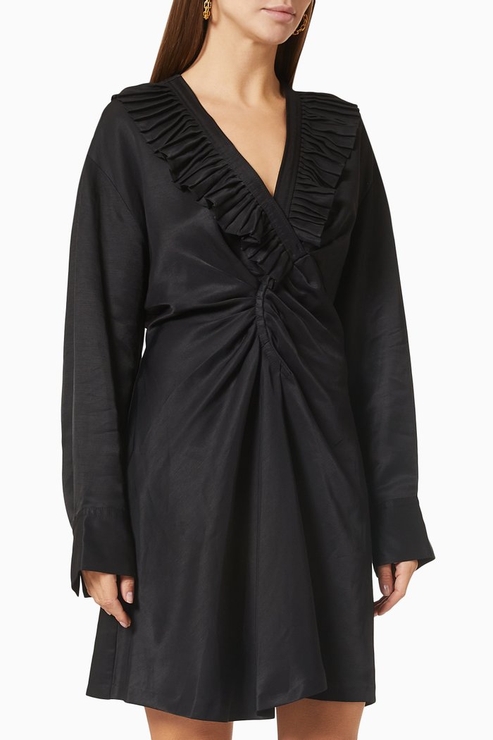 Aenor Gathered Dress in Linen, Black