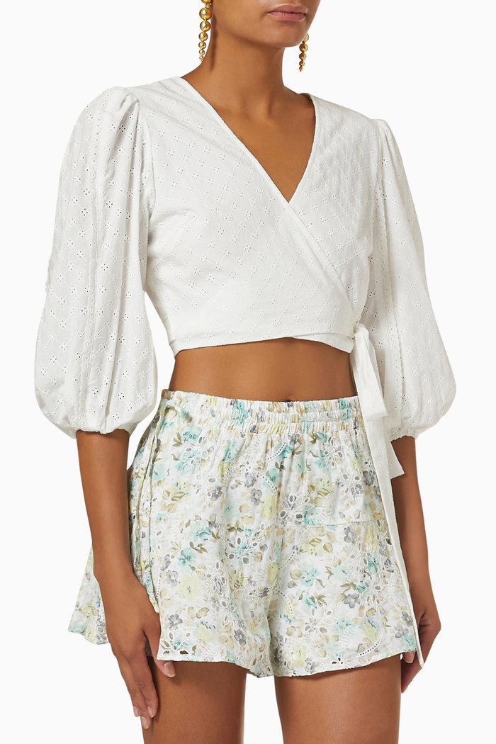 

Lola Wrap Blouse in Broderie Anglaise Cotton, White