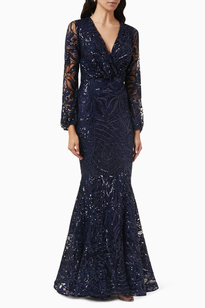 

Long Sleeve Gown in Lace, Blue