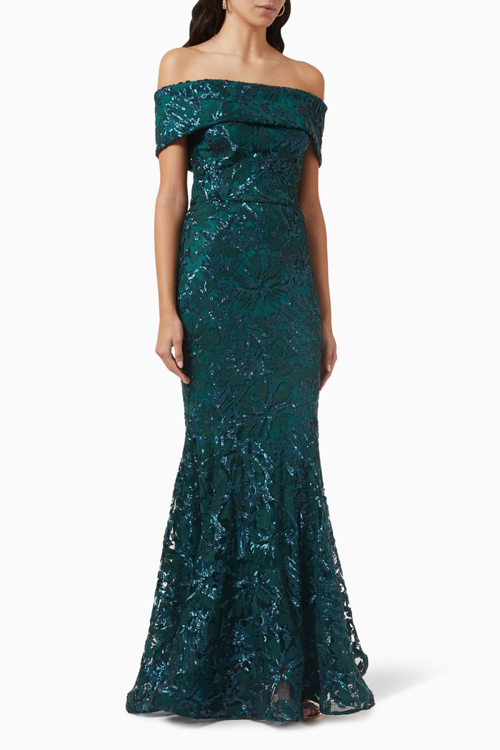 

Off Shoulder Floral Gown, Green
