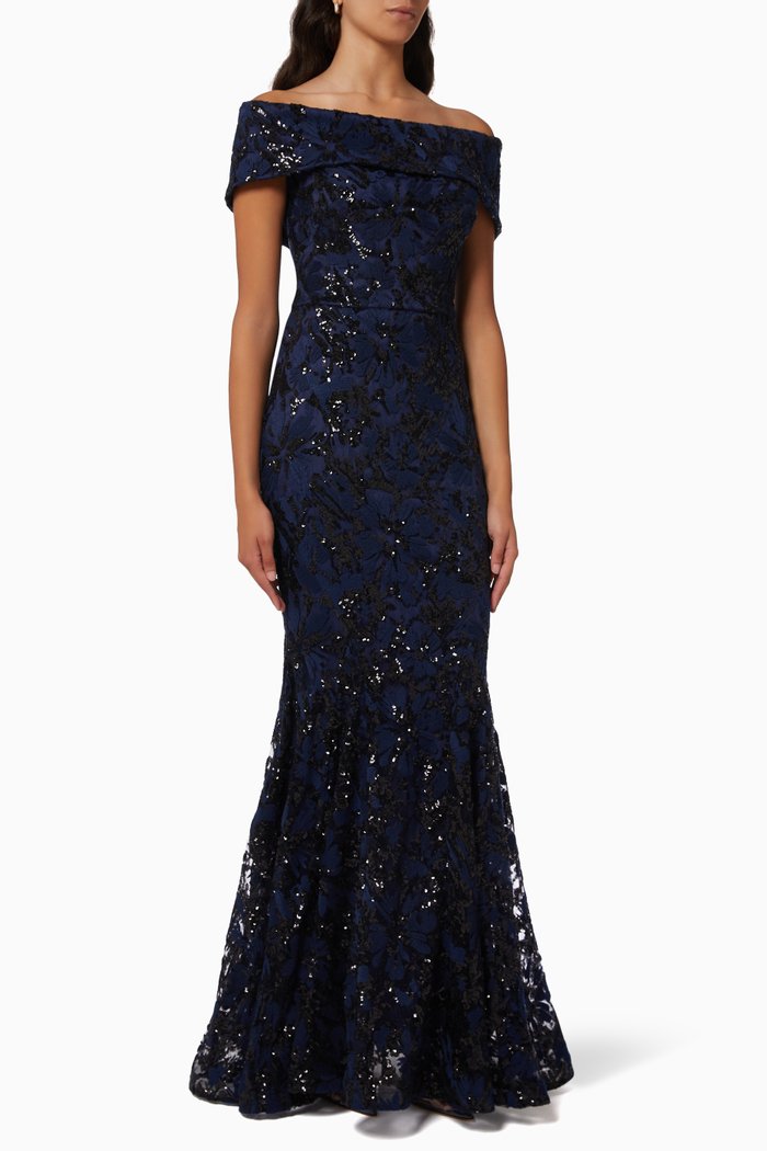 Off Shoulder Floral Gown, Blue