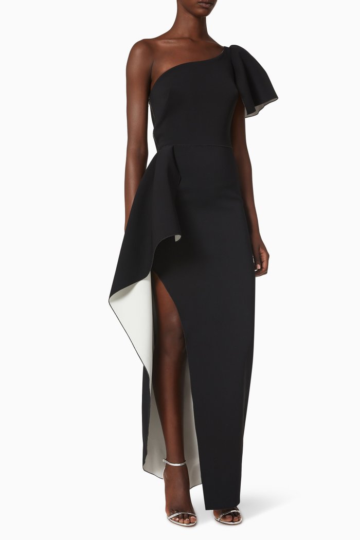 

One Shoulder Gown in Stretch Crepe, Black