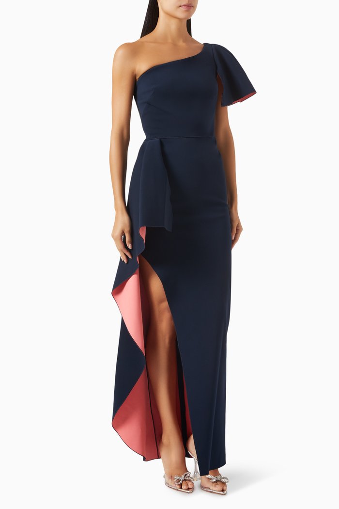 

One Shoulder Gown in Stretch Crepe, Blue